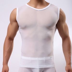 Men's Erotic Muscle Shirt Mesh See Nylon Sleeveless Slim Fit Clubbing Shirt